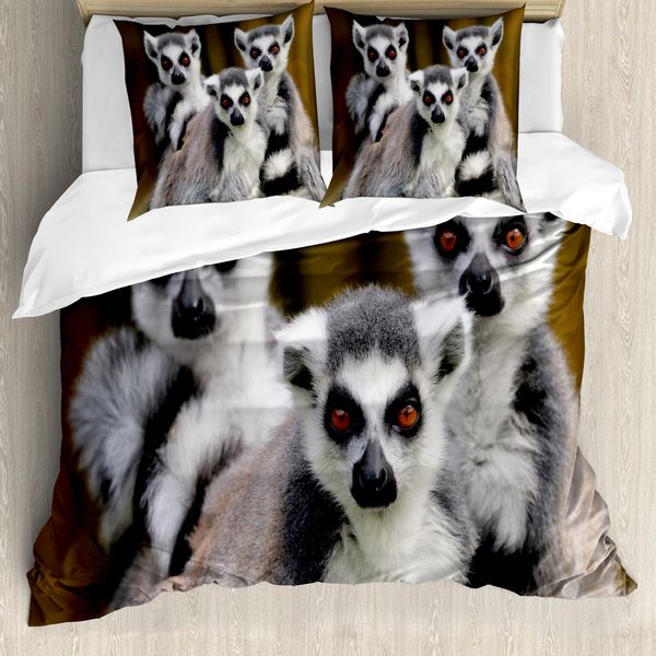 Abakuhaus Set Copripiumino Lemur Per Letti Singoli, Animali Affe Legati Con Anelli, Antiacaro, Adatto A Chi Soffre Di Allergie, Con Federa, 200 Cm X 200 Cm - 80 X 80 Cm, Fawn Pale Mauve Taupe-image