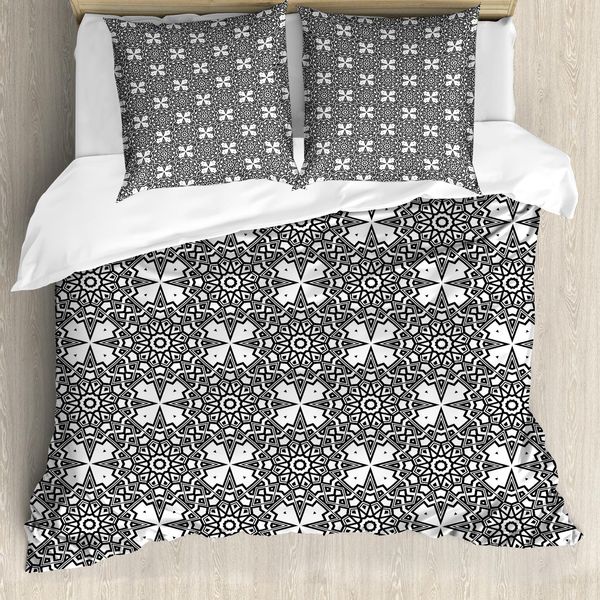 Abakuhaus Set Copripiumino Antico Orientale Per Letti Singoli, Monocromatico Tribale, Antiacaro, Adatto A Chi Soffre Di Allergie, Con Federa, 155 Cm X 220 Cm - 80 X 80 Cm, Grigio Antracite E Bianco-image