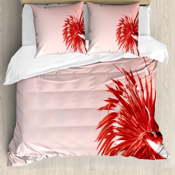 Abakuhaus Set Copripiumino In Colore Naturale Per Letti Singoli, Palm And Pure Sky, Antiacaro E Anallergico Con Federa, 200 Cm X 200 Cm - 80 X 80 Cm, Blush E Dark Coral-image