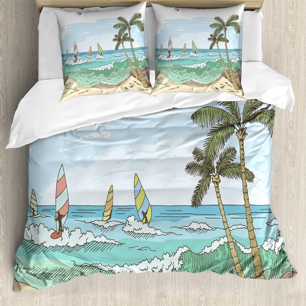 Abakuhaus Set Copripiumino Grafico Per Letti Singoli, Disegno Windsurf, Antiacaro, Adatto A Chi Soffre Di Allergie, Con Federa, 155 Cm X 220 Cm - 80 X 80 Cm, Multicolore-image