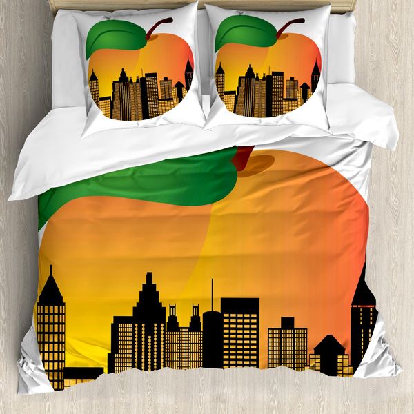 Abakuhaus Georgia Set Copripiumino Per Letti Singoli, Skyline Urbano Color Pesca, Antiacaro, Adatto A Chi Soffre Di Allergie, Con Federa, 200 Cm X 200 Cm - 80 X 80 Cm, Arancione Bianco Verde-image
