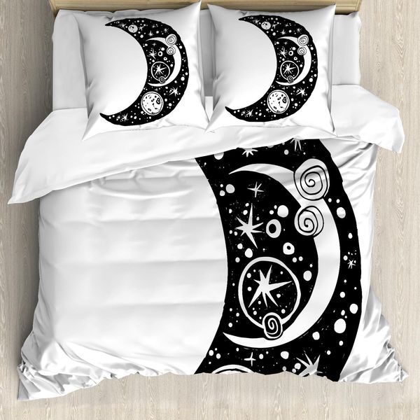 Set Copripiumino Abakuhaus Magic Moon Per Letti Singoli, Crescent Doodle, Antiacaro, Adatto A Chi Soffre Di Allergie, Con Federa, 200 Cm X 200 Cm - 80 X 80 Cm, Grigio Antracite E Bianco-image
