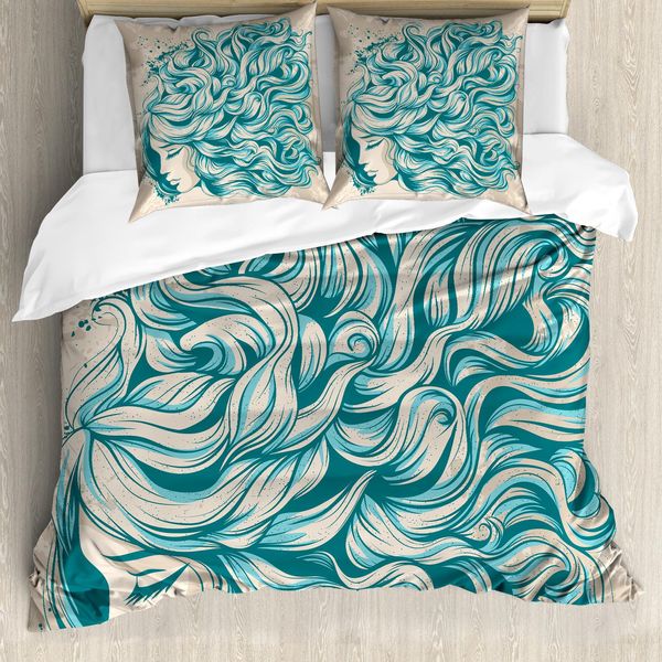 Abakuhaus Set Copripiumino Astratto Per Letto Singolo, Capelli Mossi, Antiacaro, Adatto A Chi Soffre Di Allergie, Con Federa, 155 Cm X 220 Cm - 80 X 80 Cm, Pale Sepia Seeblaue-image