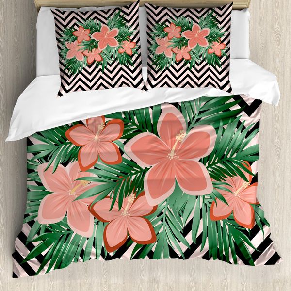 Abakuhaus Set Copripiumino Per Letto Singolo, Motivo Floreale Su Sfondo Chevron, Antiacaro E Anallergico, Con Federa, 200 Cm X 200 Cm - 80 X 80 Cm, Corallo Multicolore-image