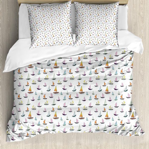 Abakuhaus Set Copripiumino Per Letti Singoli, Disegni Colorati Di Barche A Vela, Antiacaro, Adatto A Chi Soffre Di Allergie, Con Federa, 155 Cm X 220 Cm - 80 X 80 Cm, Multicolore-image