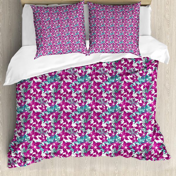 Abakuhaus Set Copripiumino Rosa Scuro Per Letti Singoli, Fiori Di Orchidea Esotici, Antiacaro, Adatto A Chi Soffre Di Allergie, Con Federa, 155 Cm X 220 Cm - 80 X 80 Cm, Magenta Blu Mare-image