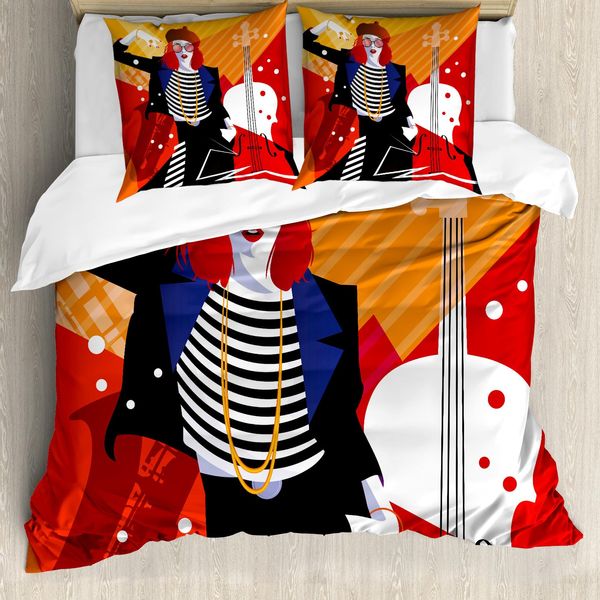 Abakuhaus Set Copripiumino Astratto Per Letto Singolo, Tema Musicale, Antiacaro, Adatto A Chi Soffre Di Allergie, Con Federa, 200 Cm X 200 Cm - 80 X 80 Cm, Vermiglio Multicolore-image