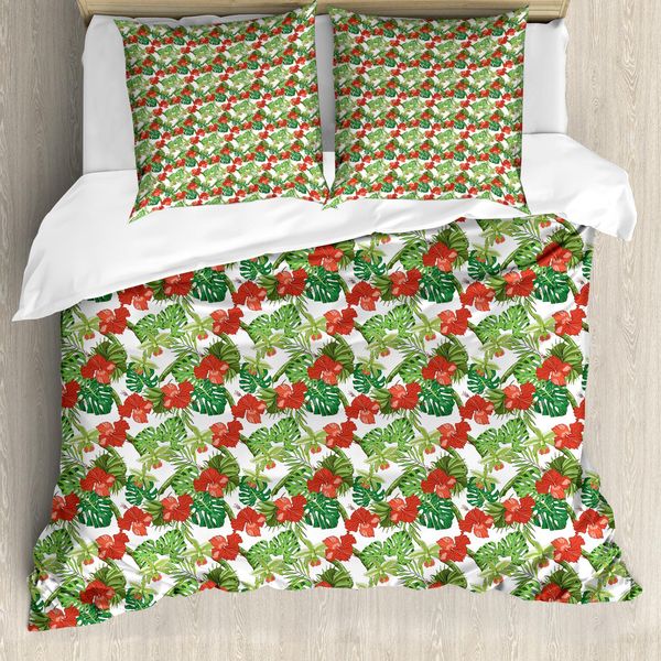 Abakuhaus Set Copripiumino Per Letto Singolo, Fiori Botanici Endemici, Antiacaro, Adatto A Chi Soffre Di Allergie, Con Federa, 200 Cm X 200 Cm - 80 X 80 Cm, Verde Vermiglio-image