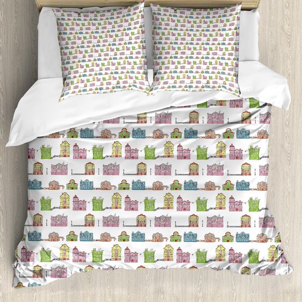 Abakuhaus Amsterdam Set Copripiumino Per Letti Singoli, Edifici Urbani Colorati, Antiacaro, Adatto A Chi Soffre Di Allergie, Con Federa, 200 Cm X 200 Cm - 80 X 80 Cm, Verde Lime Multicolore-image