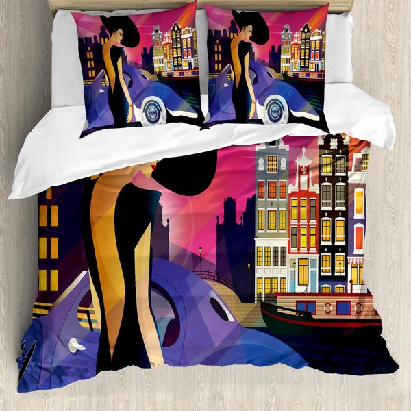 Abakuhaus Set Copripiumino Astratto Per Letto Singolo, Paesaggio Urbano Antiacaro, Adatto A Chi Soffre Di Allergie, Con Federa, 155 Cm X 220 Cm - 80 X 80 Cm, Multicolore Grigio Antracite-image