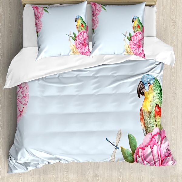 Abakuhaus Set Copripiumino Per Letto Singolo Con Motivo Floreale E Insetti, Pappagalli Acquerellati, Antiacaro E Anallergico, Con Federa, 155 Cm X 220 Cm - 80 X 80 Cm, Azzurro E Multicolore-image