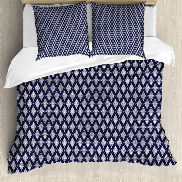 Set Copripiumino Abakuhaus Boho Per Letti Singoli, Ispirato Al Motivo Damascato Orientale, Antiacaro E Anallergico, Con Federa, 155 Cm X 220 Cm - 80 X 80 Cm, Indaco E Bianco-image