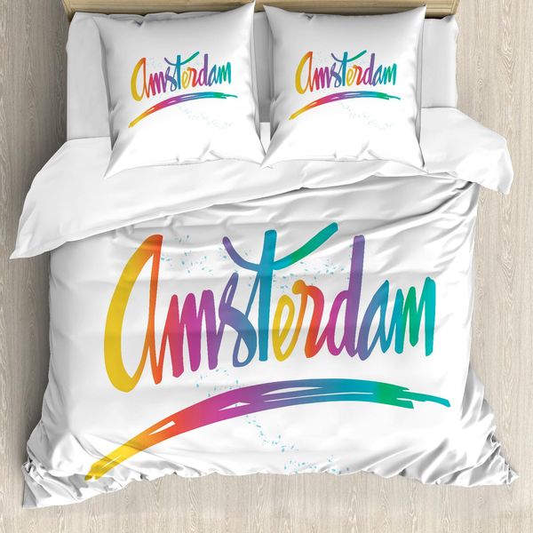 Abakuhaus Amsterdam Set Copripiumino Per Letti Singoli, Scritta Colorata A Mano, Antiacaro, Adatto A Chi Soffre Di Allergie, Con Federa, 200 Cm X 200 Cm - 80 X 80 Cm, Giallo Terra Multicolore-image