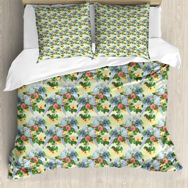 Abakuhaus Set Copripiumino Per Letto Singolo, Uccelli Composizione Foglie, Antiacaro, Adatto A Chi Soffre Di Allergie, Con Federa, 200 Cm X 200 Cm - 80 X 80 Cm, Multicolore-image