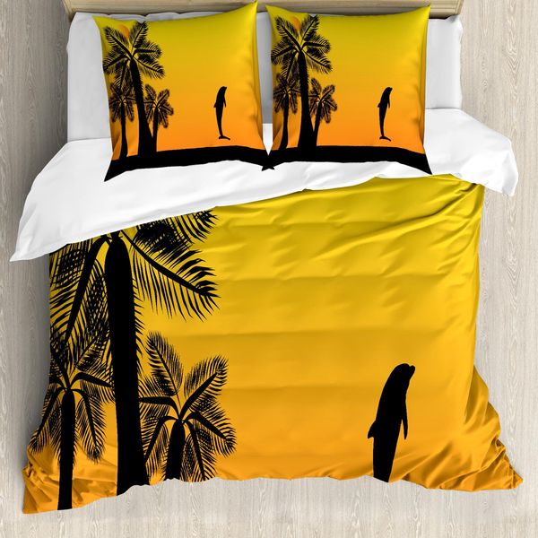 Set Copripiumino Estivo Abakuhaus Per Letti Singoli, Ombre Sunset Palms Dolphin, Antiacaro, Adatto A Chi Soffre Di Allergie, Con Federa, 155 Cm X 220 Cm - 80 X 80 Cm, Giallo Arancione-image