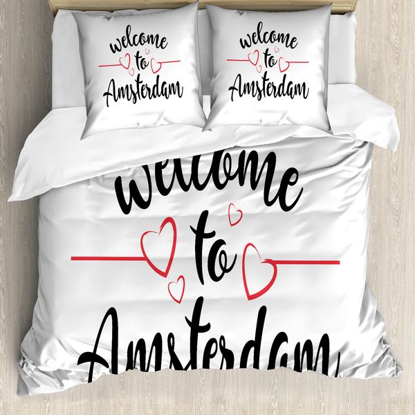 Abakuhaus Amsterdam Set Copripiumino Per Letti Singoli, Motivo Di Benvenuto, Antiacaro, Adatto A Chi Soffre Di Allergie, Con Federa, 155 Cm X 220 Cm - 80 X 80 Cm, Grigio Scuro Corallo-image