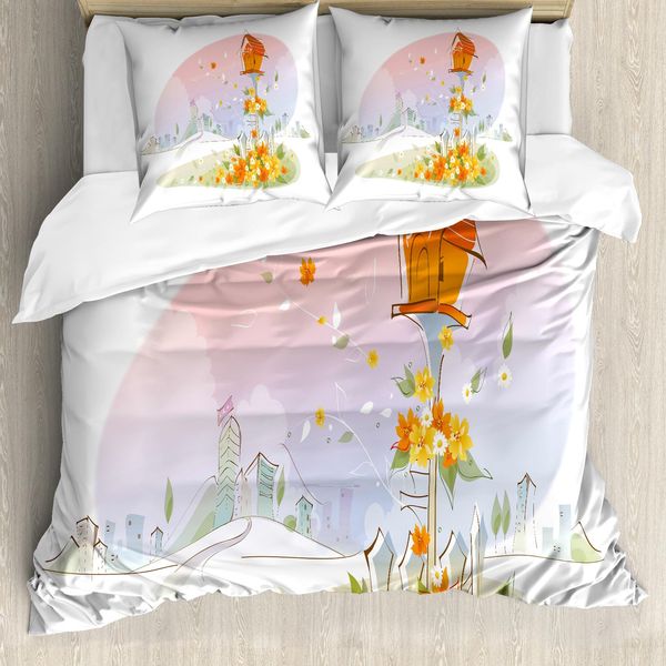 Abakuhaus Set Copripiumino Per Letto Singolo, Motivo Floreale Con Uccellini, Antiacaro, Adatto A Chi Soffre Di Allergie, Con Federa, 155 Cm X 220 Cm - 80 X 80 Cm, Arancione Bruciato Multicolore-image