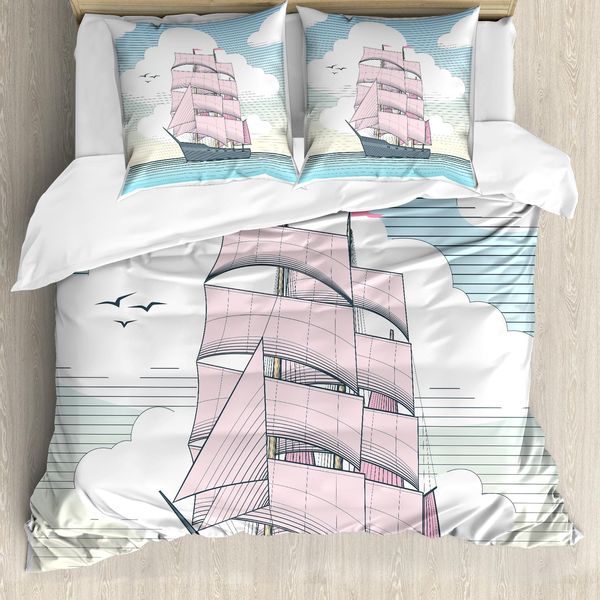Abakuhaus Set Copripiumino Vintage Nautical Tattoo Per Letti Singoli, Dreamy Windjammer, Antiacaro E Anallergico Con Federa, 200 Cm X 200 Cm - 80 X 80 Cm, Avorio Rosa Pastello-image