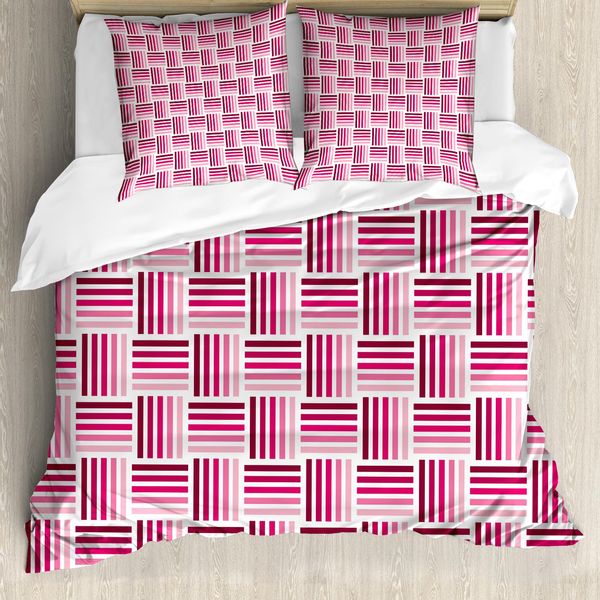 Abakuhaus Set Copripiumino Rosa Scuro Per Letti Singoli, Righe Corte Monocromatiche, Antiacaro, Adatto A Chi Soffre Di Allergie, Con Federa, 155 Cm X 220 Cm - 80 X 80 Cm, Rosa Pallido Magenta-image