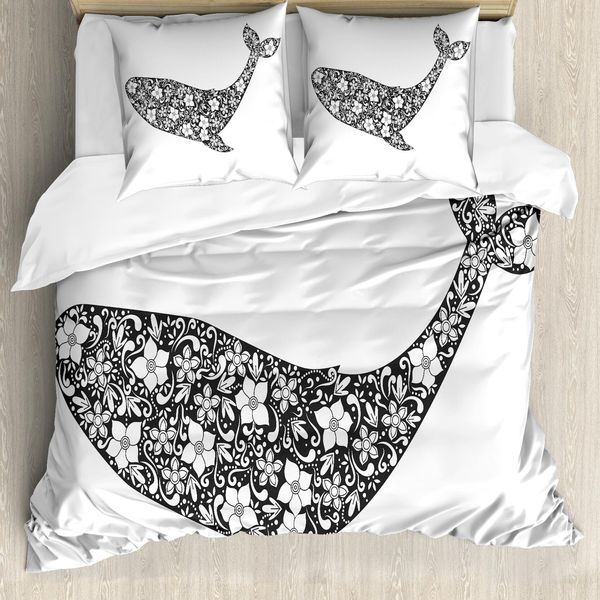 Abakuhaus Set Copripiumino Vintage Nautical Tattoo Per Letti Singoli, Zentangle Whale, Antiacaro E Anallergico Con Federa, 200 Cm X 200 Cm - 80 X 80 Cm, Taupe Scuro E Bianco-image