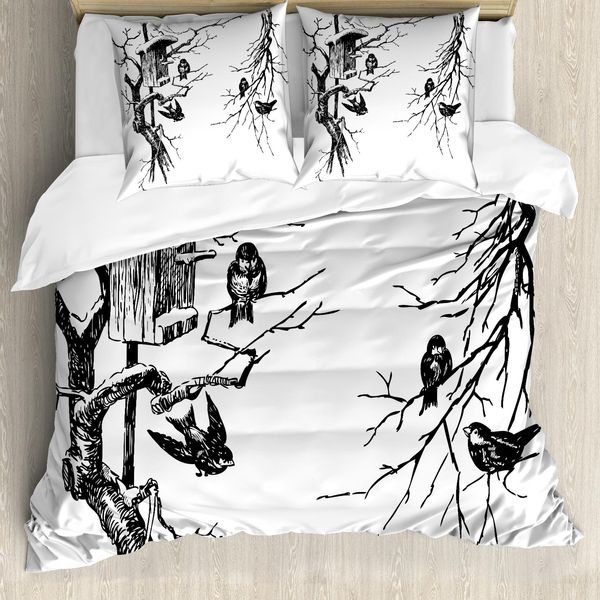 Abakuhaus Set Copripiumino Per Letto Singolo, Nest Of Sparrows, Antiacaro, Adatto A Chi Soffre Di Allergie, Con Federa, 200 Cm X 200 Cm - 80 X 80 Cm, Bianco E Grigio Scuro-image