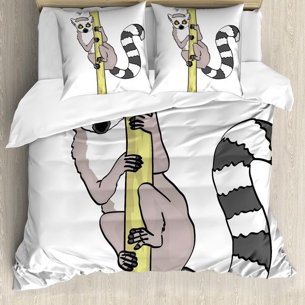 Abakuhaus Set Copripiumino Lemur Per Letti Singoli, Tropical Ring Con Cartoni Animati, Antiacaro, Adatto A Chi Soffre Di Allergie, Con Federa, 200 Cm X 200 Cm - 80 X 80 Cm, Grigio Giallo-image