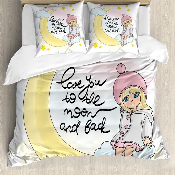 Abakuhaus Set Copripiumino Per Letto Singolo, Romantica Luna E Ragazza, Antiacaro E Anallergico, Con Federa, 155 Cm X 220 Cm - 80 X 80 Cm, Multicolore-image