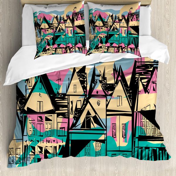 Abakuhaus Amsterdam Set Copripiumino Per Letti Singoli, Case Disegnate A Mano, Antiacaro, Adatto A Chi Soffre Di Allergie, Con Federa, 155 Cm X 220 Cm - 80 X 80 Cm, Multicolore-image