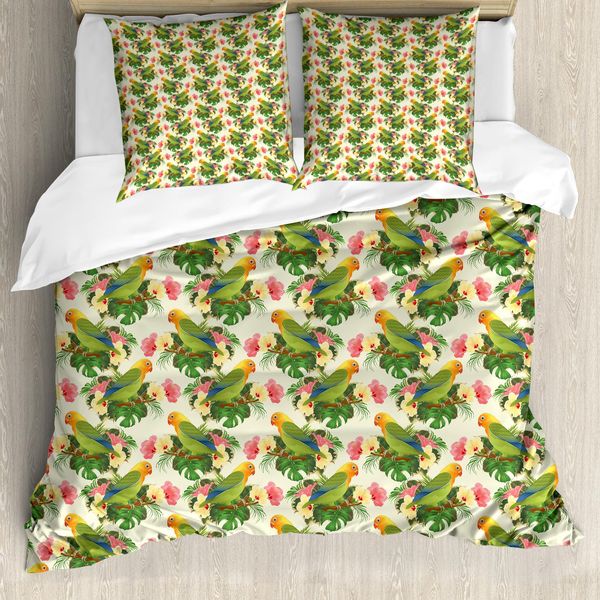 Set Copripiumino Abakuhaus Hibiscus Per Letti Singoli, Fiori Tropicali Parrot, Antiacaro, Adatto A Chi Soffre Di Allergie, Con Federa, 155 Cm X 220 Cm - 80 X 80 Cm, Multicolore-image
