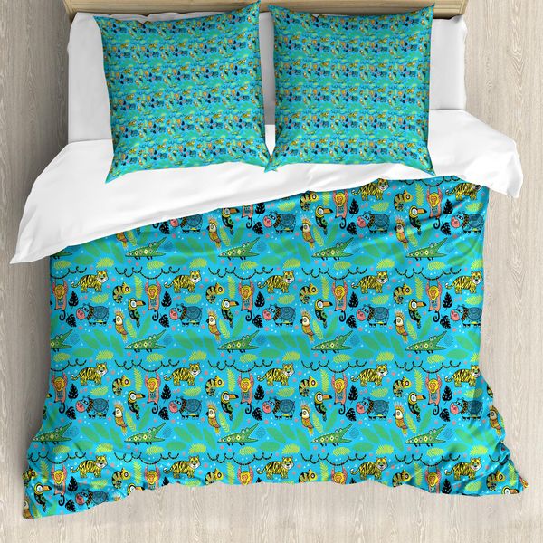 Abakuhaus Set Copripiumino Per Letti Singoli, Animali Della Foresta Colorati, Antiacaro, Adatto A Chi Soffre Di Allergie, Con Federa, 155 Cm X 220 Cm - 80 X 80 Cm, Blu Cielo Profondo Multicolore-image