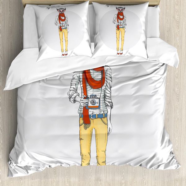 Abakuhaus Set Copripiumino Per Letto Singolo, Hipster Art Animal Cartoon, Antiacaro E Anallergico, Con Federa, 200 Cm X 200 Cm - 80 X 80 Cm, Senape Vermiglio-image