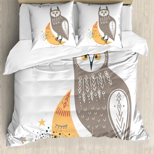Abakuhaus Set Copripiumino Con Caricatura Per Letti Singoli, Wisdom Owl Crescent, Antiacaro, Adatto A Chi Soffre Di Allergie, Con Federa, 155 Cm X 220 Cm - 80 X 80 Cm, Multicolore-image