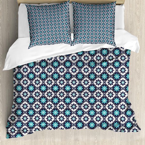 Set Copripiumino Abakuhaus Boho Per Letti Singoli, Folkloric Marokko Tile Inspire, Antiacaro, Adatto A Chi Soffre Di Allergie, Con Federa, 155 Cm X 220 Cm - 80 X 80 Cm, Seafoam Dark Blue-image