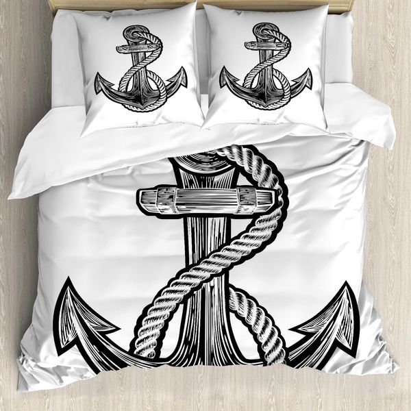 Abakuhaus Set Copripiumino Vintage Nautical Tattoo Per Letti Singoli, Ancora Monocromatica, Antiacaro E Anallergico Con Federa, 155 Cm X 220 Cm - 80 X 80 Cm, Grigio Antracite E Bianco-image
