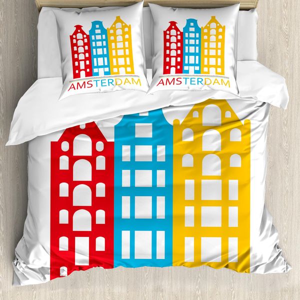 Abakuhaus Amsterdam Set Copripiumino Per Letti Singoli, Amsterdam Wording Houses, Antiacaro, Adatto A Chi Soffre Di Allergie, Con Federa, 200 Cm X 200 Cm - 80 X 80 Cm, Bianco Multicolore-image