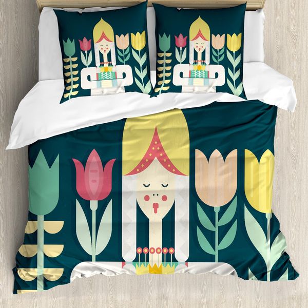 Abakuhaus Amsterdam Set Copripiumino Per Letti Singoli, Ragazza Olandese E Fiori, Antiacaro, Adatto A Chi Soffre Di Allergie, Con Federa, 155 Cm X 220 Cm - 80 X 80 Cm, Verde Acqua Scuro E Multicolore-image