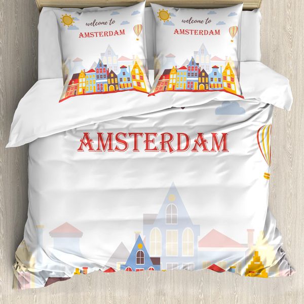 Abakuhaus Amsterdam Set Copripiumino Per Letti Singoli, Benvenuto Sunny City, Antiacaro Adatto A Chi Soffre Di Allergie Con Federa, 200 Cm X 200 Cm - 80 X 80 Cm, Terra Giallo Multicolore-image