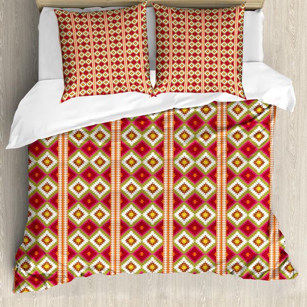 Abakuhaus Set Copripiumino Boho Per Letti Singoli, Oriental Turkish Geometric, Antiacaro E Anallergico Con Federa, 200 Cm X 200 Cm - 80 X 80 Cm, Vermiglio E Multicolore-image