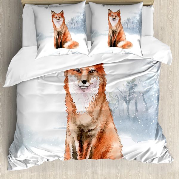 Abakuhaus Set Copripiumino Per Letto Singolo, Dipinto Artistico Invernale Con Animali, Antiacaro, Adatto A Chi Soffre Di Allergie, Con Federa, 155 Cm X 220 Cm - 80 X 80 Cm, Blu, Grigio, Arancione Bruciato-image