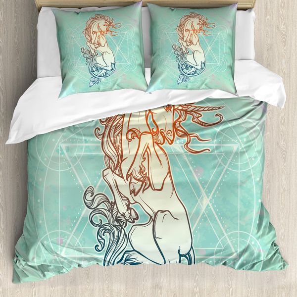 Abakuhaus Set Copripiumino Alchimie Per Letti Singoli, Unicorno Su Motivo Geometrico, Antiacaro, Adatto A Chi Soffre Di Allergie, Con Federa, 200 Cm X 200 Cm - 80 X 80 Cm, Seafoam Multicolor-image