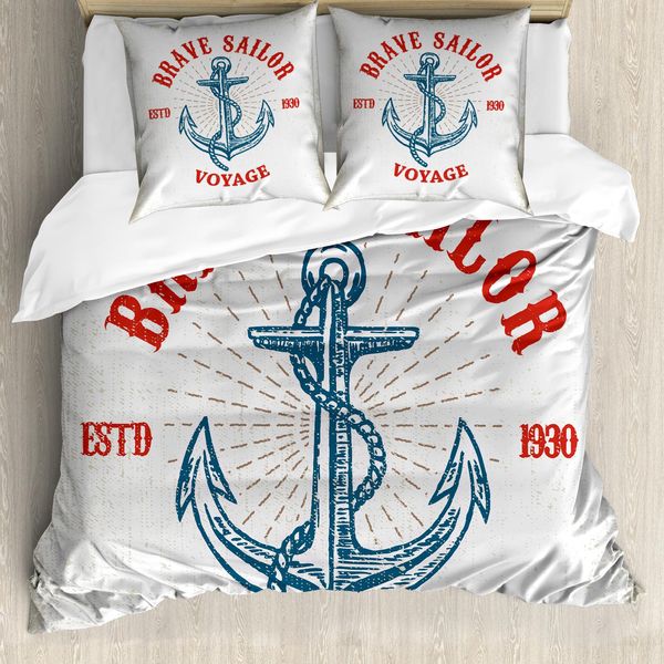 Abakuhaus Set Copripiumino Vintage Con Tatuaggi Nautici Per Letti Singoli, Voyage Anchor Art, Antiacaro E Anallergico Con Federa, 155 Cm X 220 Cm - 80 X 80 Cm, Coconut Vermilion-image