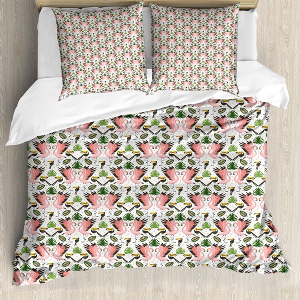 Set Copripiumino Abakuhaus Boho Per Letti Singoli, Fenicotteri Esotici E Foglie, Antiacaro, Adatto A Chi Soffre Di Allergie, Con Federa, 200 Cm X 200 Cm - 80 X 80 Cm, Corallo Multicolore-image