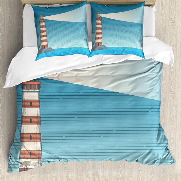 Abakuhaus Set Copripiumino Vintage Con Tatuaggi Nautici Per Letti Singoli, Faro Sul Mare, Antiacaro, Adatto A Chi Soffre Di Allergie, Con Federa, 200 Cm X 200 Cm - 80 X 80 Cm, Blu Mare Ruggine-image