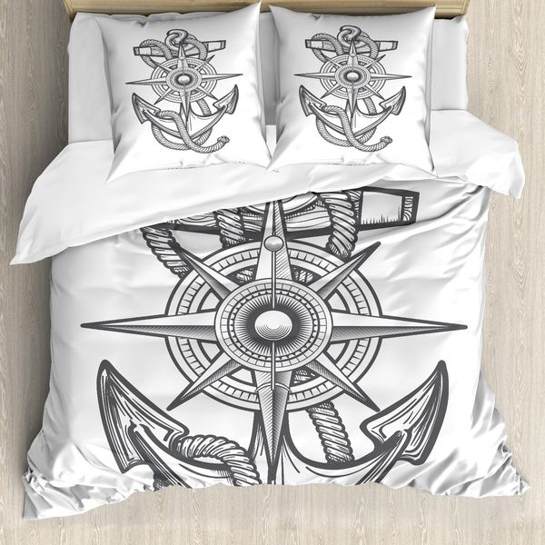 Abakuhaus Set Copripiumino Vintage Con Tatuaggi Nautici Per Letti Singoli, Disegno Di Ancora E Corda, Antiacaro E Anallergico, Con Federa, 200 Cm X 200 Cm - 80 X 80 Cm, Viola-Blu E Bianco-image