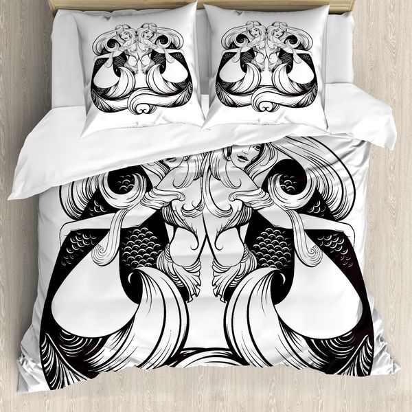 Abakuhaus Set Copripiumino Vintage Nautical Tattoo Per Letti Singoli, Disegno Sirene, Antiacaro, Adatto A Chi Soffre Di Allergie, Con Federa, 200 Cm X 200 Cm - 80 X 80 Cm, Grigio Antracite E Bianco-image