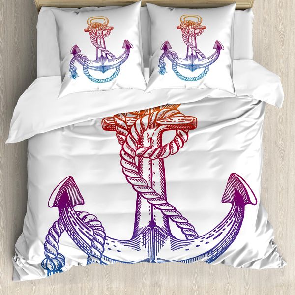 Abakuhaus Set Copripiumino Vintage Con Tatuaggi Nautici Per Letti Singoli, Ombre Anchor Rope, Antiacaro E Anallergico Con Federa, 200 Cm X 200 Cm - 80 X 80 Cm, Multicolore-image