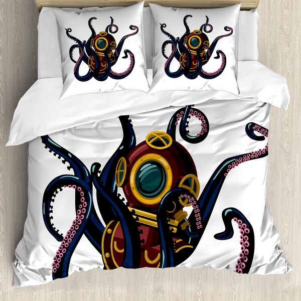 Abakuhaus Set Copripiumino Vintage Con Tatuaggi Nautici Per Letti Singoli, Tentacoli Di Polpo, Antiacaro, Adatto A Chi Soffre Di Allergie, Con Federa, 155 Cm X 220 Cm - 80 X 80 Cm, Multicolore-image