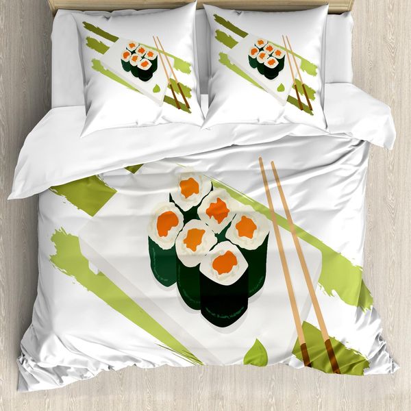 Abakuhaus Set Copripiumino Wasabi Per Letti Singoli, Piatto Sushi Maki, Bacchette, Antiacaro, Adatto A Chi Soffre Di Allergie, Con Federa, 155 Cm X 220 Cm - 80 X 80 Cm, Multicolore-image