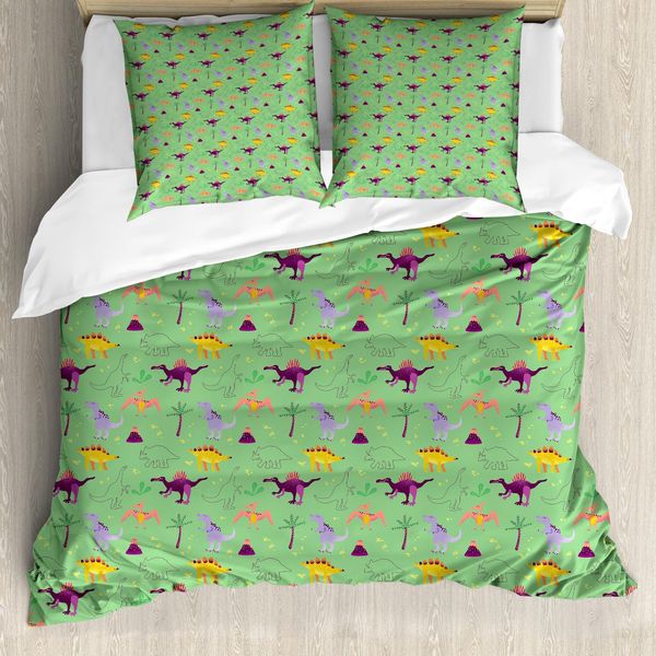 Abakuhaus Set Copripiumino Dino Per Letti Singoli, Disegno E Dinosauro Cartoon, Antiacaro, Adatto A Chi Soffre Di Allergie, Con Federa, 155 Cm X 220 Cm - 80 X 80 Cm, Verde Mare Multicolore-image