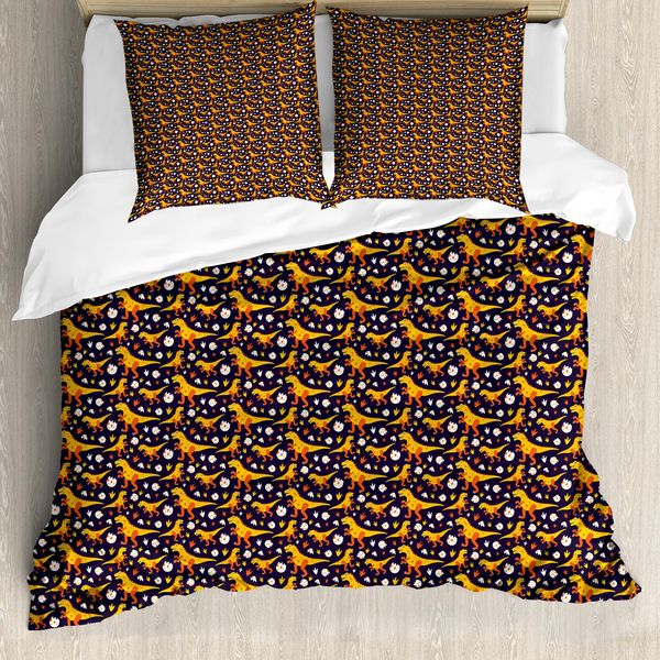 Abakuhaus Set Copripiumino Dino Per Letti Singoli, Uovo Di Dinosauro, Antiacaro, Adatto A Chi Soffre Di Allergie, Con Federa, 155 Cm X 220 Cm - 80 X 80 Cm, Giallo Terra Multicolore-image